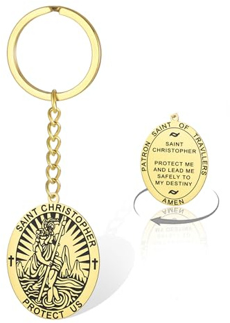 VASSAGO St. Christophorus-Schlüsselanhänger, Heiliger Christophorus, beschützt uns, Medaille, Schlüsselanhänger, Heiliger der Reisenden, Gebetsschutz, Schmuck für Männer und Frauen, Gold
