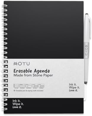 MOYU Erasable Agendas - A5 Stone Paper - Premium Cover - Pitch Black - Includes Erasable Pen, Cloth, and Pen Holder