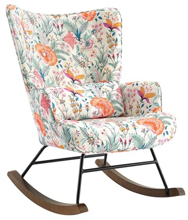 Matomn Schaukelstuhl Sessel mit Metallgestell und Holzsockel Skandinavischer Schaukelsessel Retro Sessel Wohnzimmer Relaxstuhl Polstersessel für Schlafzimmer Hotel Orange Blumen