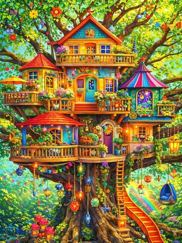 Teemosreal Puzzles for Adults 1000 Pieces, Colorful Treehouse Jigsaw Art | Secure Interlocking Fit, Matte Glare-Free Surface, Thick Sturdy Board, Poster Included, A-F Back Guide, Frameable Wall Decor