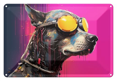 Wallario Blechschild Wandbild aus Metall Cyberpunk-Hund mit Brille - 20 x 30 cm in Premium-Qualität: Brillante Farben