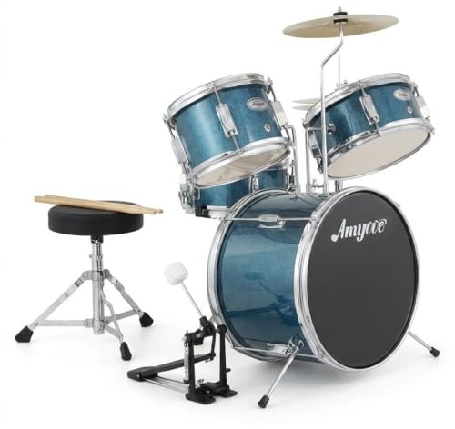 Kinder-Schlagzeug 3-Teilig Schlagzeugset – Kompaktes Schlagzeug Für Anfänger mit Bass Drum, Snare, Tom, Becken & Hocker – Hartholz & Stahl, Blau, für Konzert & Übung ab 6 Jahren