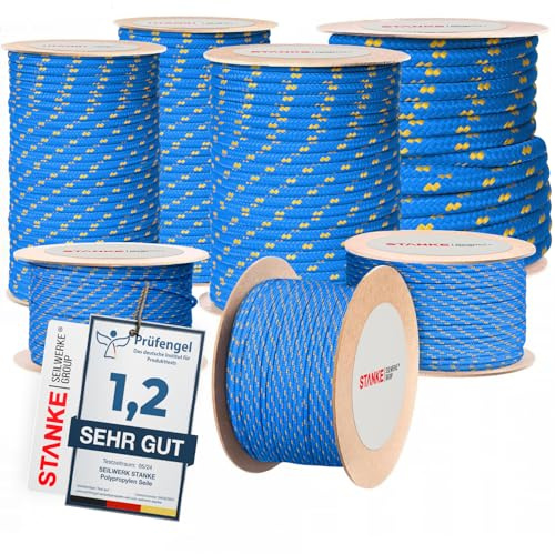 Seilwerk STANKE Corde polypropylène Bleue avec Fils marqueurs Jaunes 10mm 20 m - Ficelle agricole, pour Plants de tomates - Corde tressée pour Le Sport, la Survie, la Construction