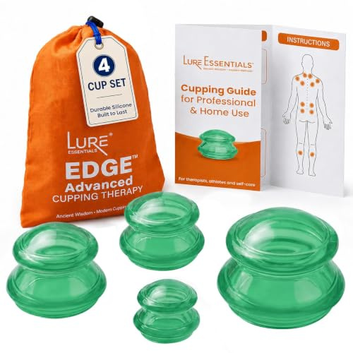 LURE Home Spa Cupping Massage Kit - The Most Recommended Therapy Set for Muscle Soreness, Pain Relief, Injury Recovery, Toning & Cellulite Professional Medical Grade 4 Cups (Emerald Green)