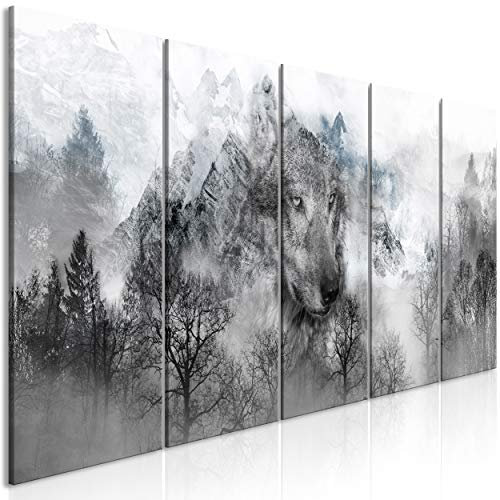 decomonkey Bilder Wolf Wald Berge 200x80 cm 5 Teilig Leinwandbilder Bild auf Leinwand Wandbild Kunstdruck Wanddeko Wand Wohnzimmer Wanddekoration Deko Tiere Landschaft
