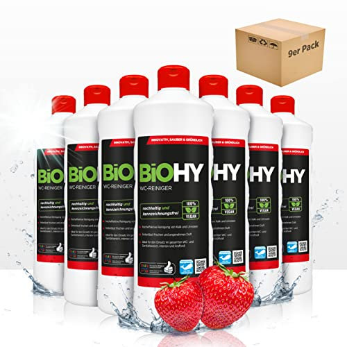 BiOHY WC-Reiniger (9 x 1 Liter) | Bio Toilettenreiniger mit frischem Schaum | EXTRA STARK | Badreiniger Gel wirkt effektiv gegen Kalk & Urin | säubert die Toilette blitzschnell