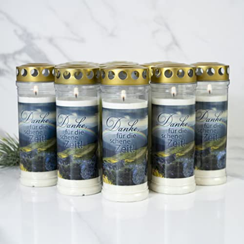 12er Set HOFER GRABKERZEN 7 Tage Brenndauer - Das Original [Danke Für Die Schene Zeit] Trauerkerzen mit Deckel | Grablicht, Friedhofskerze mit Motiv und Spruch | Kerzen für Grabdeko und Grabschmuck