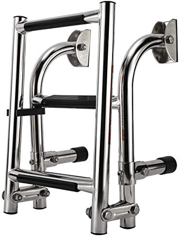 Artilife Boat Foldable Stainless Steel 3 Step Ladder Marine Pontoon Ladder Polished 2 + 1 Step with Rubber Grip & Mounting Screws