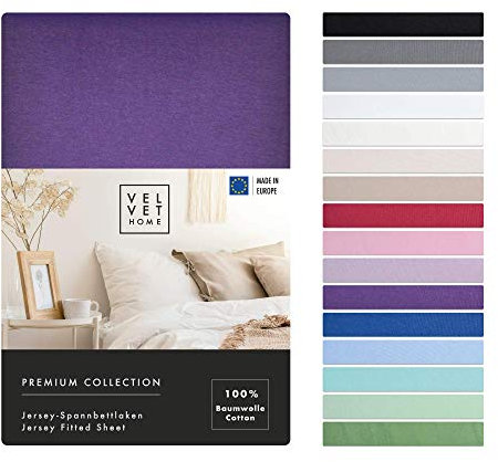 VelvetHome Premium Drap Housse 140x200 Coton 100% Doux 165gsm Made in EU Housse de Matelas 140x200 avec Bande Élastique Qualité Upérieure Drap Housse Jersey Belles Couleurs Violet