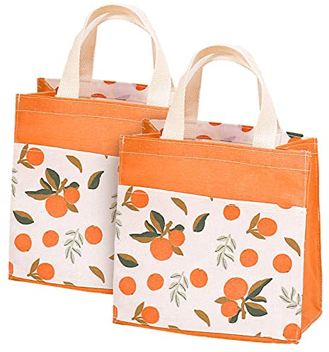 ASFINS Stofftaschen Klein mit Griffen, 2Stk Faltbare Einkaufstasche Recyclingtasche Baumwolltasche Tragetaschen für Frauen, Kinder, Mädchen, 22cm x 22cm (Orange Mandarinen)
