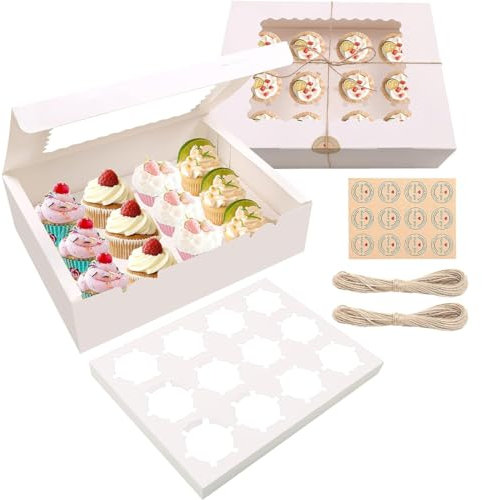 MAMUNU 10 Stück Cupcake Box, 12 Löcher Cupcake Muffin Box mit Fenster und Einsätzen, Weiß Muffin Box mit Seil und Aufklebern, Muffin Transportbox für Cupcakes, Kekse, Muffins