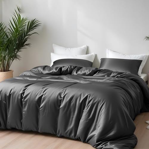 LINENWALAS 100% Organic Bamboo Double Duvet Cover Set with Zipper and Corner Ties, Soft, Cooling Bamboo Bedding Duvet Cover Set, Perfect for Skincare (Double, Charcoal Grey)