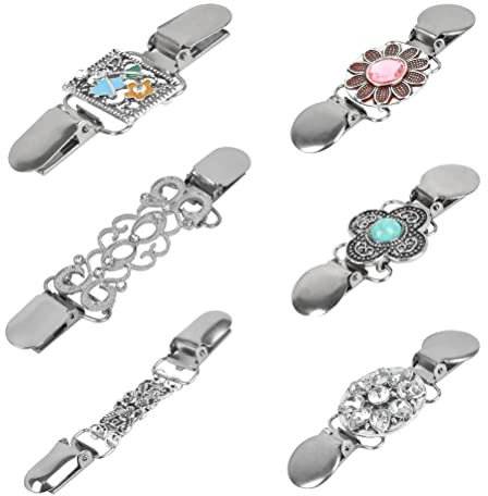 TIMESETL 6Stück Frau Cardigan Clip Vintage Pullover Clips mit Blumen Strass, Schal Kragen Metallclip Pullover Kette Kreative Silber Strickjacke Clip für Bluse Strickjacke Kleider Schal Jacke