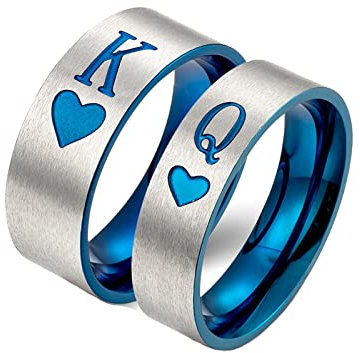 Beydodo Verlobungsringe Paar Edelstahl mit Gravur, Partnerringe für Sie und Ihn,6MM 8MM Matt Ring Queen King mit Herz Bicolor Damen Gr.54 (17.2) + Herren Gr.54 (17.2)