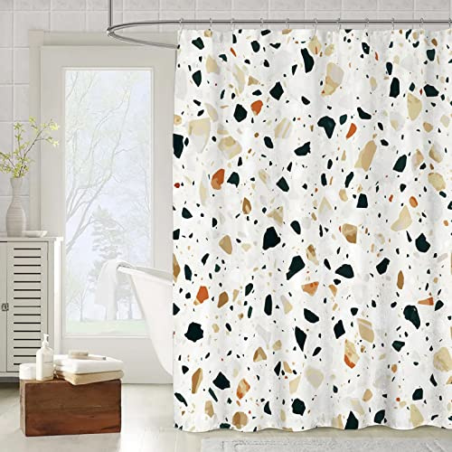 OCEUMACO 3D Tenda Doccia Antimuffa Effetto Marmo Tende Doccia Angolare Tessuto Poliestere Impermeabile 180x200 cm Terrazzo Tenda Vasca da Bagno Stoffa Lavabile Lavatrice con Anelli - Beige Marrone