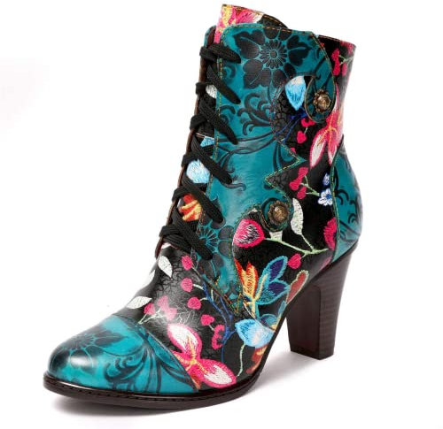 SOCOFY Womens Ankle Boots Leather High Heel Comfort Splicing Floral Pattern Lace Up Boots Leather Winter Fur Lined Boots Outdoor Anti-Slip Side Zipper Walking Boots for Wedding Party Dress, Blue, 6 UK