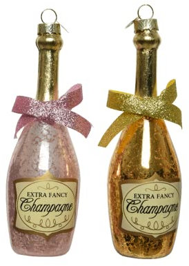 Christbaumschmuck Glas Anhänger 13,5cm Sektflasche, 2er Set - Gold - Pink