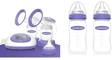 Lansinoh 2in1 Elektrische Milchpumpe - beleuchtetes LCD-Display - ein- oder beitseitiges Abpumpen & Babyflasche mit NaturalWave Sauger Gr. M, 2 x 240 ml, Doppelpack
