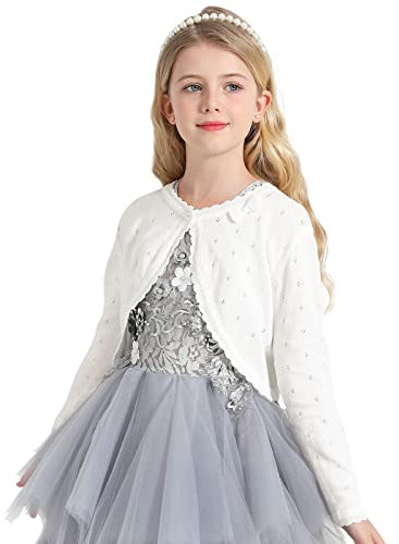 Adorel Bolero Cardigan Cotone Coprispalle Manica Lunga Girocollo Bambina Crema Bianca 8-10 Anni (Dimensioni del Produttore 140)