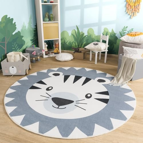 TT Home Waschbarer Kinderteppich Teppich Kinderzimmer Rund Spielteppich Löwe Bär Muster, Farbe:Grau Beige, Größe:120 cm Rund