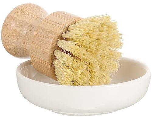 BESTonZON Bamboo Dish Pot Pan Brushes Set, Bamboo Scrub Brushes with Ceramics Holder Mini Palm Scrub Brush Pot Dish Brush Wooden Cleaning Scrubbers Scrub Brush for Dish Pots Pans Kitchen Sink Cleaning