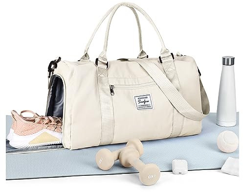 HYC00 Sport Duffel Bag Damen Herren,Sporttasche mit Nassfach & Schuhfach Reise Duffel Bags Übernachtungstasche Reisetasche Handgepäcktasche Fitnesstasche Trainingstasche Weekender Bag,Milchig weiß