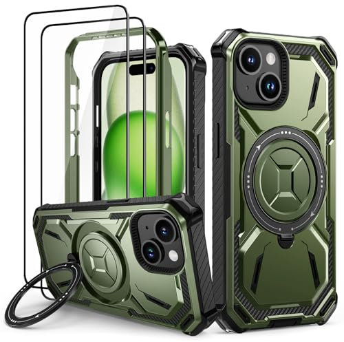 Lanhiem für iPhone 15 Hülle mit 2 Stück Panzerglas, 360° Ring Ständer Schutzhülle, Militärischer Stoßfest Handyhülle für iPhone 15 Case, Grün