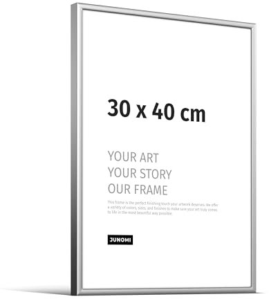 JUNOMI® Bilderrahmen 30x40 cm Aluminium | Farbe Silber (matt) | Wanddeko Metall mit bruchsicherem Acryl-Glas | Bilderrahmen Metall