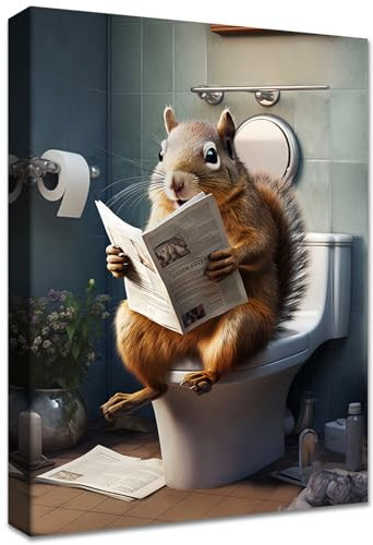 Gelb Braun Leinwand Bilder Mit Rahmen Eichhörnchen auf der Toilette Wandbilder Wandkunst Leinwand Malerei Poster Kunstdrucke Bauernhaus Landhaus Bild Schlafzimmer Badezimmer Wanddekoration 30x40cm