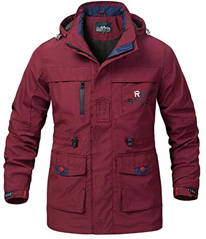 Wasser Herren Männliche lässige solide Outdoor-Jacken abnehmbarer Kapuzen-Langarm-Reißverschluss mit Taschen An Hemd Herren (Wine, XXL)