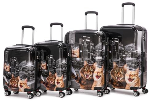Max Star Juego Maletas de Viaje 4 Piezas MS-1192 Estampado Rigida Giratorias Maleta Cabina Pequeña 48cm - Maleta Cabina 55cm - Maleta Mediana 66cm - Maleta Grande 75cm (Gatos)