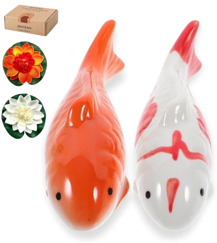 Ceramic Floating Koi Fish【china Glaze Craftsmanship】Pond Decor Ceramic Floating Fake Fish Goldfish Koi Decor for Floating Pond Fountain Birdbath Fake Aquarium Decor ( 2PCS Fish & 2PCS Lotus Flower)