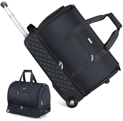 Lekeinchi Kleidertasche mit Rollen für Reisen, wandelbare Canvas-Tasche mit Rädern und Schuhfach, Gepäcktasche mit Trolley für Geschäftsreisen, Hochzeiten, Wochenenden, Schwarz, Handgepäck