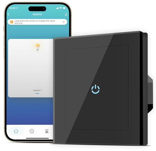 SMARTERCURRY Smart WiFi Lichtschalter 1 Fach 1 Weg für Alexa und Smartphone, gehärtetes Glas Touch Lichtschalter, Timing-Funktion, Lichtschalter Schwarz, Neutralleiter erforderlich, 1 Stücke