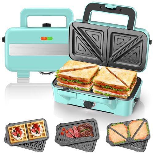 Sandwich Maker 3 in 1, 1200W Piastra per waffle con Controllo della Temperatura da 5 Velocità, Tostapane con 3 Piastre Antiaderenti per Sandwich, Waffle, Carne, luci a LED,Verde