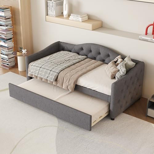 Ymkua Einzelbett Sofabett Kinderbett 90x200 cm, Daybett Schlafsofa Tagesbett mit Ausziehbares Rollbett, Jugendbett Bett mit Lattenrost, Gästebett Schlafzimmer Wohnzimmer, Linen, Grau, Ohne Matratze