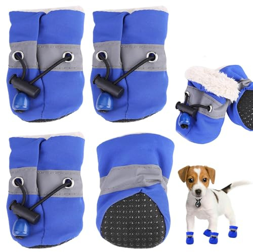 FaJoek Hundeschuhe 4 pcs Wasserdicht Hundeschuhe mit Reflektierenden Riemen,Hundeschuhe Pfotenschutz,Anti-Rutsch Hunde Pfotenschutz,Pfotenschutz für Hunde Winter,für Kleine Hunde (Blau, #5)