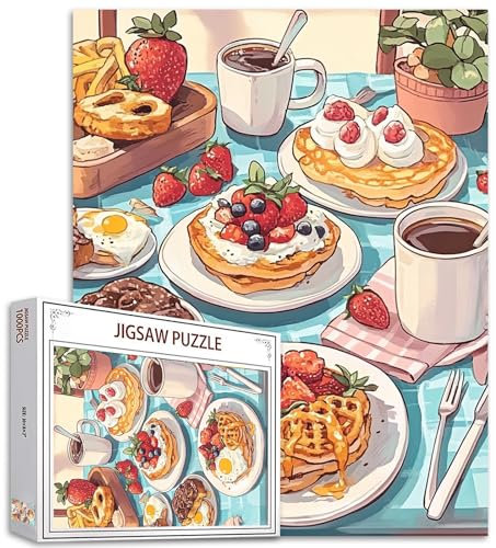 Frühstückspuzzle 1000 Teile für Erwachsene Familien (Kaffee Kuchen Pommes Frites Erdbeeren Eier) Puzzleteile passen perfekt zusammen Köstliche Lebensmittel Performance Frameable Magic Puzzle Art