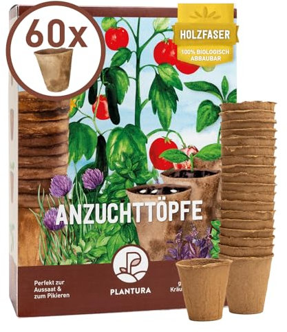 Plantura Anzuchttöpfe aus Holzfaser, 60 Stück, 100% biologisch abbaubar & torffrei, für Aussaat Pikieren & Stecklinge, ⌀ 6 cm