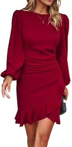 Haibang Vestido Mujer Elegante Manga Larga Vestido Corto con Cuello Redondo Vestido De Ruched Volante Dobladillo Vintage Midi Vestidos Sexy Bodycon Dress para Invitada Coctel Bodas Noche