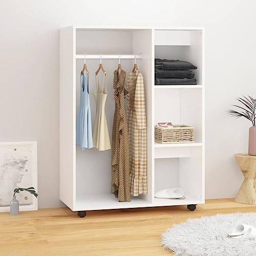 Myheimly Kleiderschrank Weiß 80x40x110 cm Holzwerkstoff Kleiderständer mit viel Stauraum, Garderobe mit Rollen, Garderobenständer Garderobenschrank, Räuchereiche