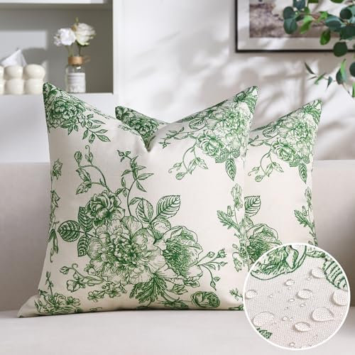 Vintage Blumen Kissenbezug 40X40 2er Set Outdoor Kissen Waldgrün und Creme mit Blumenmuster Kopfkissenbezug Rustikales Bauernhaus Zierkissen für Sofa Schlafzimmer Couch Kissenbezüge, Garten