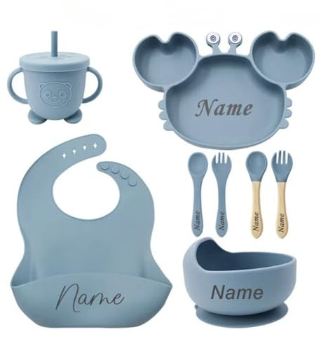 Set de gruau de sevrage personnalisé avec nom en silicone pour bébé, set de sevrage personnalisé comprend, bavoir, bol, tasse, couverts en silicone 100 % alimentaire (Azur)