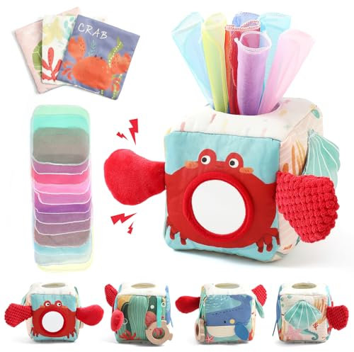WOODEN TEETHER Baby Tissue Box Toy 6-12 Monate Montessori Sensorik Spielzeug, Fördert Sensorische & Motorik, mit Spiegeln, Farben, Texturen, Klängen, Jungen & Mädchen Lernspielzeug Geschenk(Krabben)