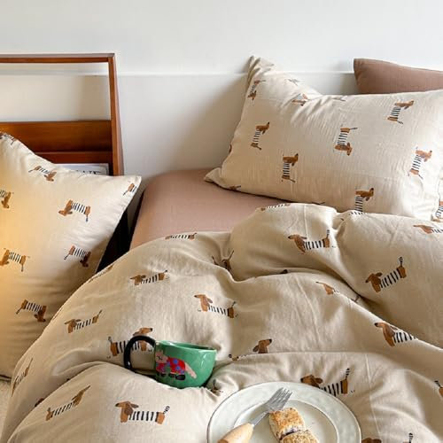 Lanqinglv Bettwäsche 220x240 Kinder Dackel Hellbraun Braun Bettwäsche Mädchen Jungen aus Microfaser,ÖKO-TEX Bettwäsche Set - Weiche Bettbezug mit Reißverschluss und 2 Kissenbezug 80x80 cm