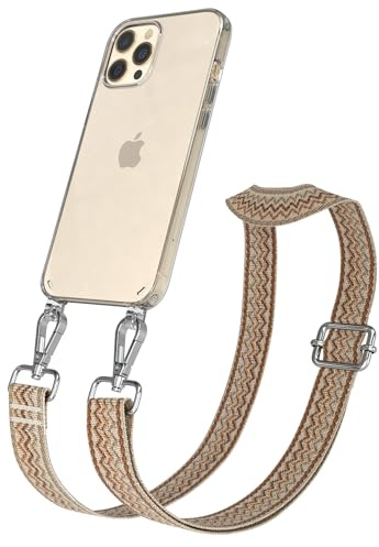 EAZY CASE Handykette - Verstellbares Taschenband kompatibel mit iPhone 12 Pro Max, Schulterriemen, Handykordel mit Silikon Hülle, Umhängetasche, Beige Braun Silber