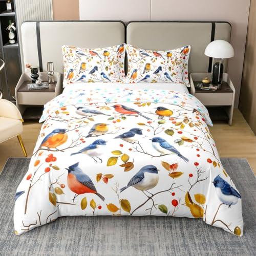 Loussiesd Vögel 100% Baumwolle Bettwäsche Set 135x200cm Blume Bettbezug Set für Kinder Mädchen Jungs Fröhlich Betten Set Zweige Bettwäsche-Set Graue Lilie