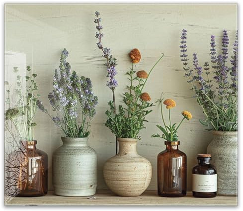 timalo Küchenbild aus Acrylglas modernes Wandbild Glasbild Deko Küche XXL Bild wie Glas | 60x52cm Trockenblumen, Vintage Vasen, Kräuter, Boho Deko, Naturstil, rustikale Einrichtung, Lavende