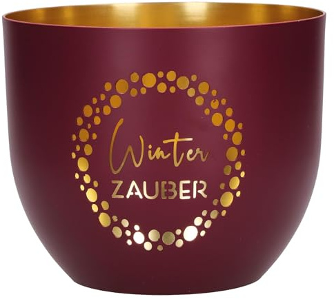 Butzon & Bercker Metall-Windlicht Ø 11 cm Winterzauber – dunkelrot-matt, durchbrochenes Motiv, innen goldveredelt, Lieferung in Geschenkverpackung: Windlicht aus Metall | Windlicht aus Metall mit durchbrochenem Motiv und Goldveredelung, inklusive hochwertiger Geschenkverpackung f%cr Weihnachten