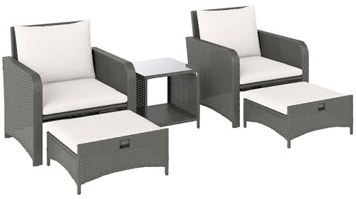 Outsunny 5 Piece Rattan Garden Furniture Set, Wicker Patio Conversation Set with 2 Chairs, 2-Tier Coffee Table, 2 Ottomans and Thick Cushions for Outdoor, Balcony, Bistro, Porch, Cream White